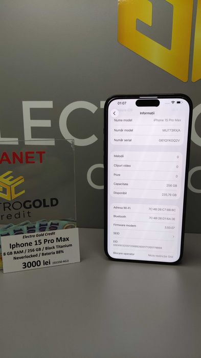 Iphone 15 Pro Max 256GB Black Titanium/Neverlocked/Baterie: 88% ID1550-AG2