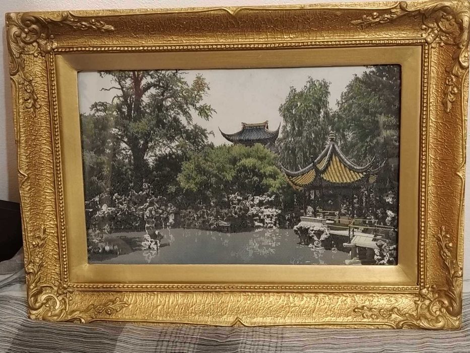 Винтидж машинен гоблен Хангжу, картина пейзаж, тъкана върху коприна