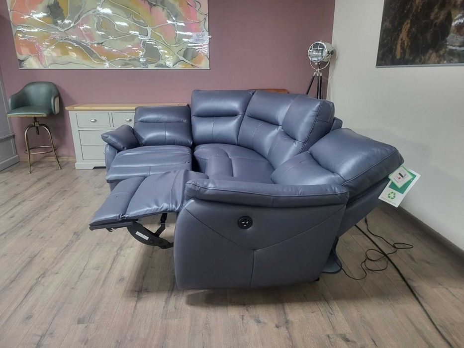 ПРОМОЦИЯ!!! Син кожен ъглов диван "Albion" с ел. релакс механизъм