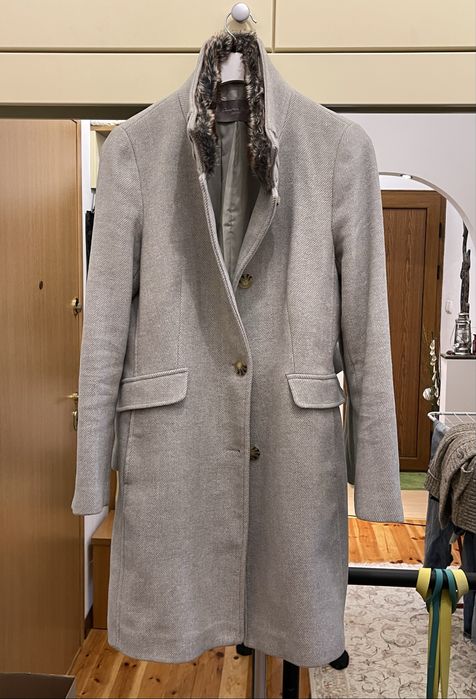 Вълнено палто с пухкава яка, светлосиво-Christian Berg Selection, S 36