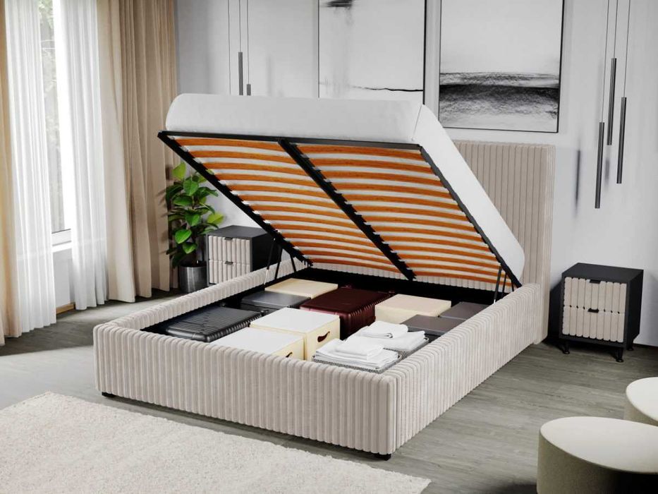 Pat Tapitat Reno Crem Tilia 3 cu somiera rabatabila si lada