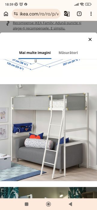 Pat etajat Ikea,din metal,alb,saltea inclusa