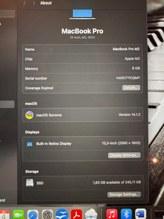MacBook Pro Apple M2 13 inch 2022 Touchbar 8GB - 44 cicluri