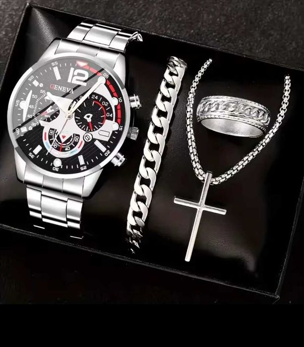 Луксозен комплект от 4 части - часовник, гривна, колие с кръст,пръстен