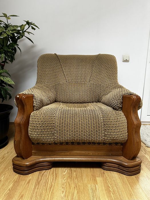 Set living canapea 3 locuri cu 4 fotolii din lemn masiv stejar