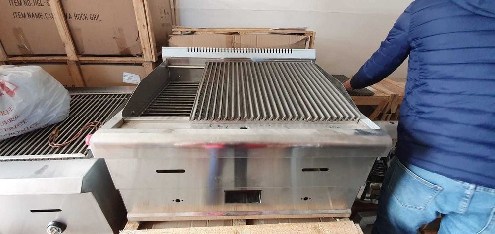 Grill profesional roca vulcanica, gaz LPG, placi fonta, 2 zone