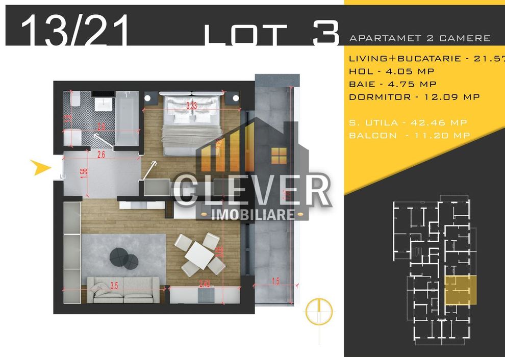 2 camere,  53,66 mp total | Balcon 11 mp, Pallady | Comision 0%