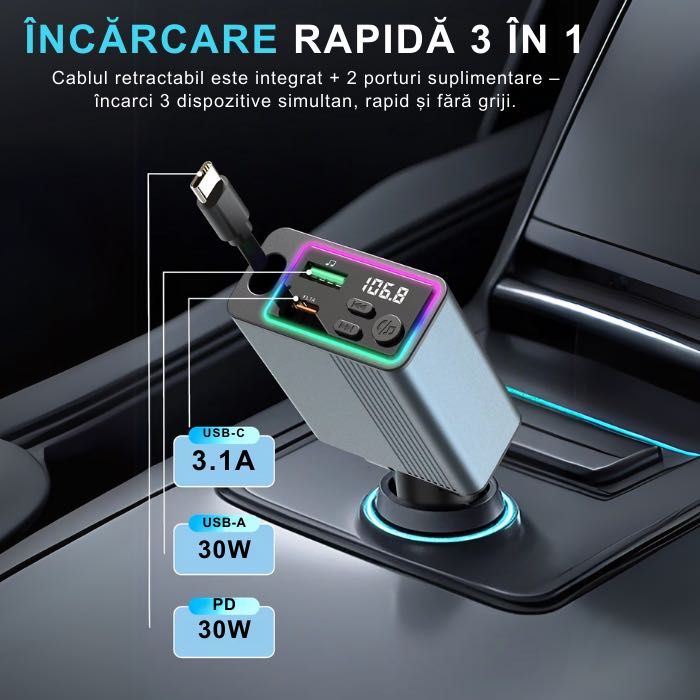 Modulator FM NETSTAT® Bricheta BT 5.3 QC3.0+PD30W Cablu Retractabil