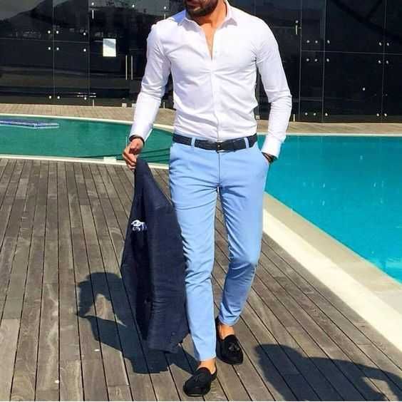 Pantaloni slim L XL premium CINQUE noi lana tesatura fina bleu ciel