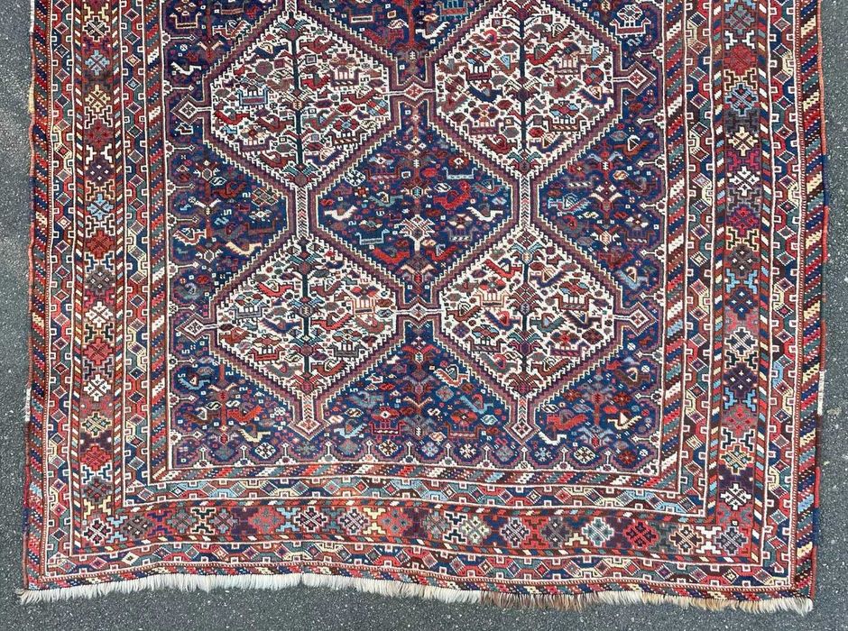 covor persan iranian antic vechi tribal Khamseh pasari mare 248x188 cm