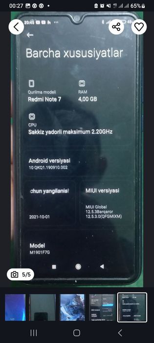 Redmi note 7 sotiladi.singan qirilgan joyi yo'q.