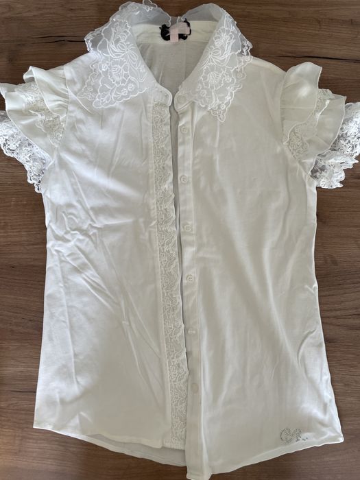 Нарядная белая школьная рубашка с кружевом, размер 21/162 (б/у)