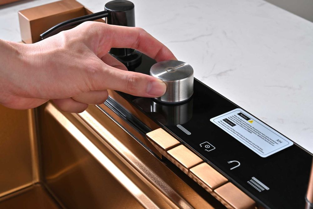 Розово злато - Мултифункционална кухненска мивка с двоен водопад