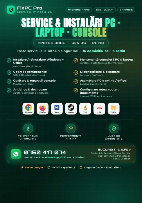 Service IT la Domiciliu - Windows, Upgrade, Console, Rețea