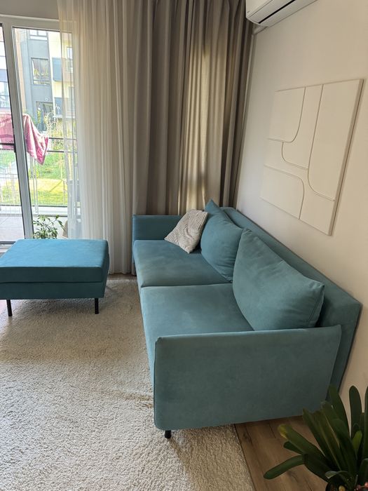 Триместен ъглов диван в тюркоазено синьо