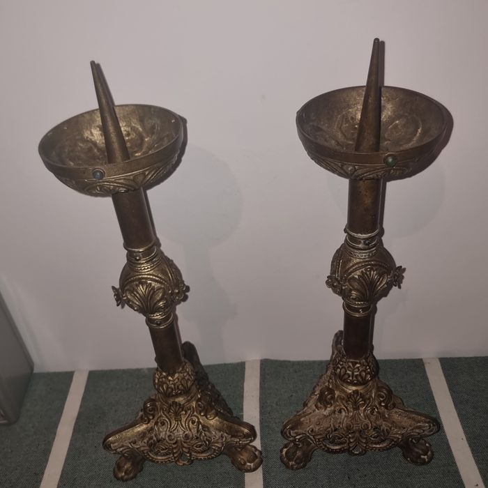 Pereche sfeșnice vechi din bronz și alamă, 45 cm, stil baroc / rococo