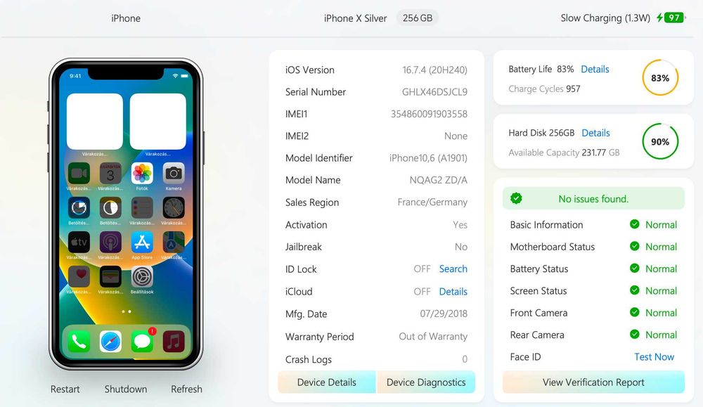 iPhone X 256 GB Silver – folie, cutie și încărcător