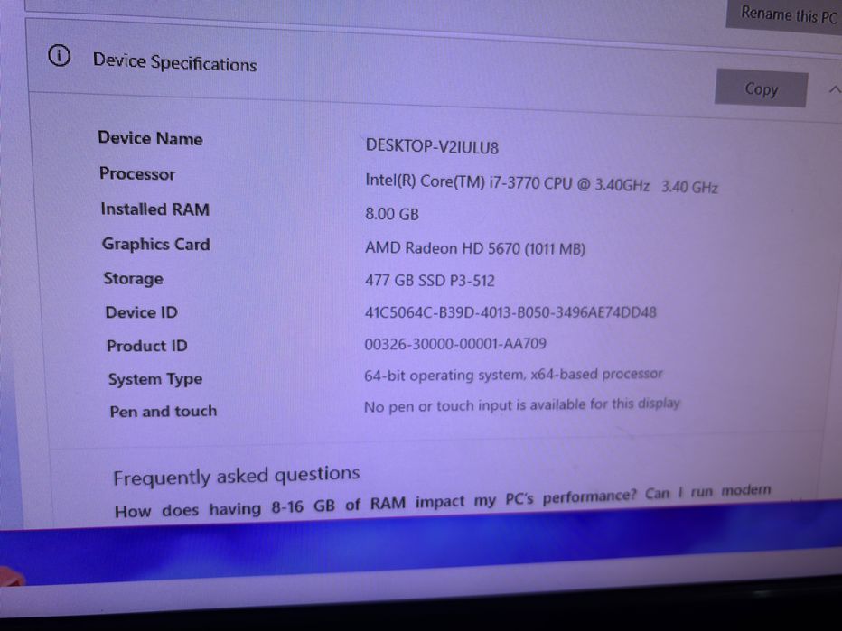 Carcasa Lenovo PC i7 / 8Gb ram / intel ssd 500 gb