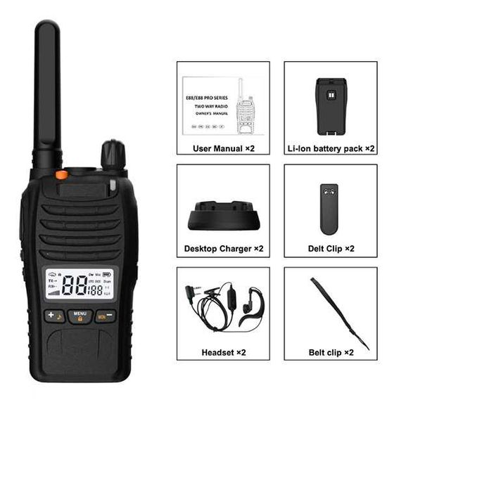 Stație radio portabilă Baofeng E88 PMR446, 16 canale, 0.5 W, USB, Acumulator Li-Ion 1200 mAh, VOX, Dual Watch, Ecran iluminat, Negru