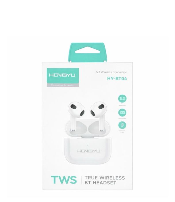 Căști wireless TWS Hongyu HY-BT04 Bluetooth 5.3, control touch, albe Engros