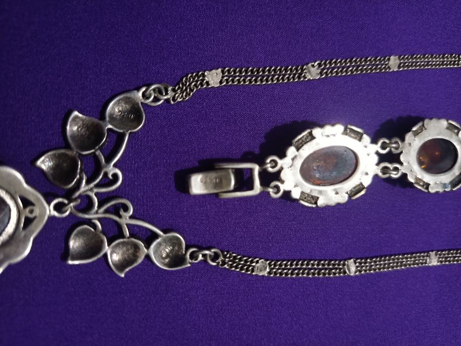 Chihlimbar set vechi in argint 925 broșă inel brățară și colier