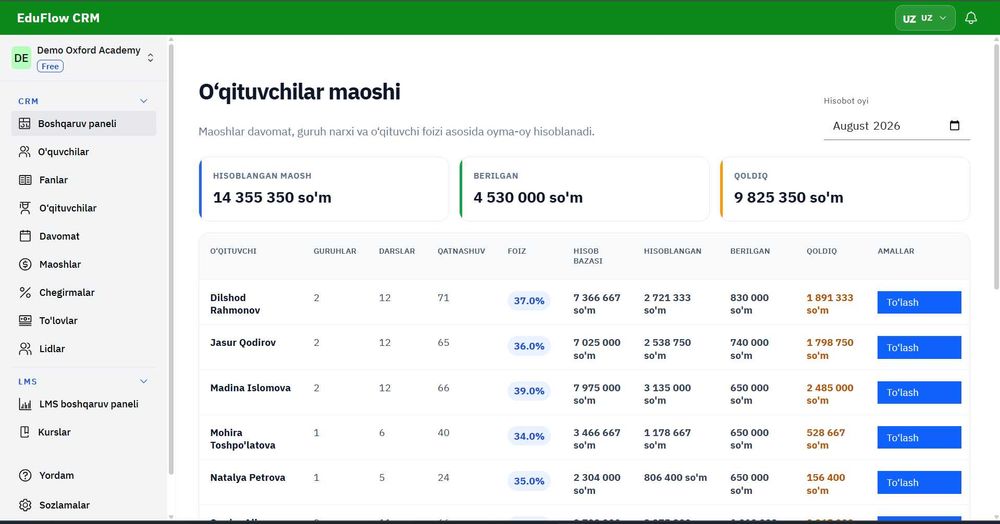 TAYYOR CRM o'quv markazga Oylik to'lovsiz (Faqat bir martalik to'lov)