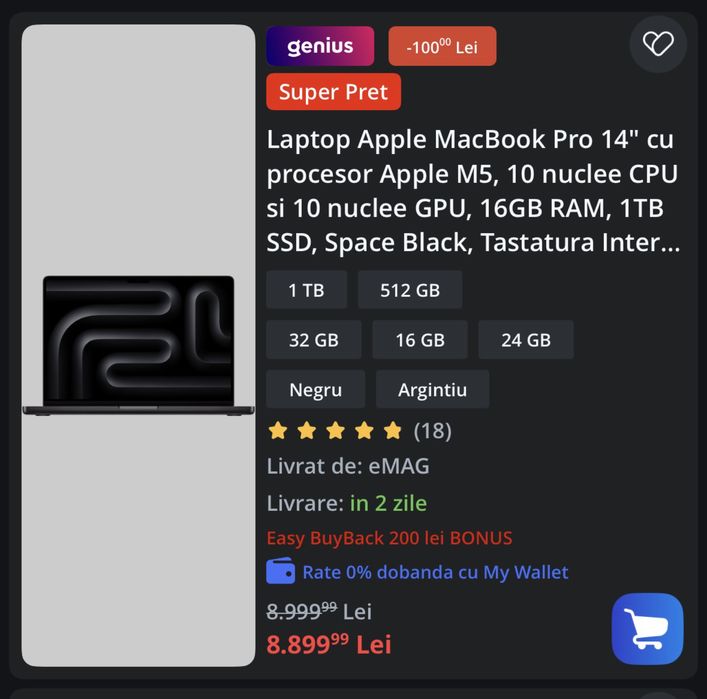 Apple MacBook  PRO 14” RETINA-Apple M5 CHIP 10 CPU ŞI GPU / 1TB SSD /16GB RAM /SIGILAT/Tastatura layout INTERNAȚIONAL/FACTURA/GARANȚIE - Ultimul model