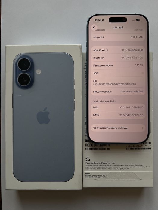 Vând iPhone 17 256gb Mist Blue CA NOU