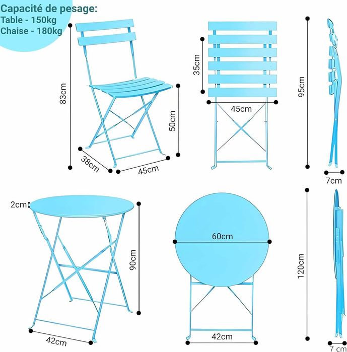 Set bistro pliabil 2 scaune + masă metal – mobilier grădină/balcon, albastru, compact - LIVRARE GRATUITA !