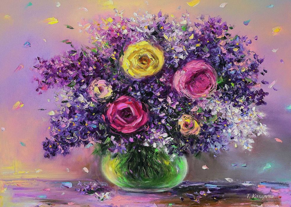 Картина, Принт върху хромирана хартия, Селска къща, Пейзаж, Цветя