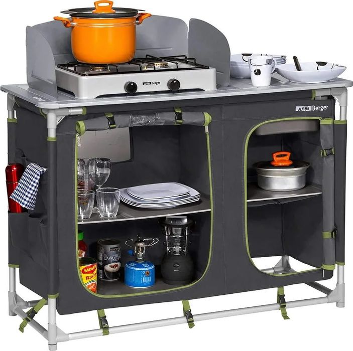 Bucătărie camping pliabilă BERGER Deluxe - cu chiuvetă și paravan vânt
