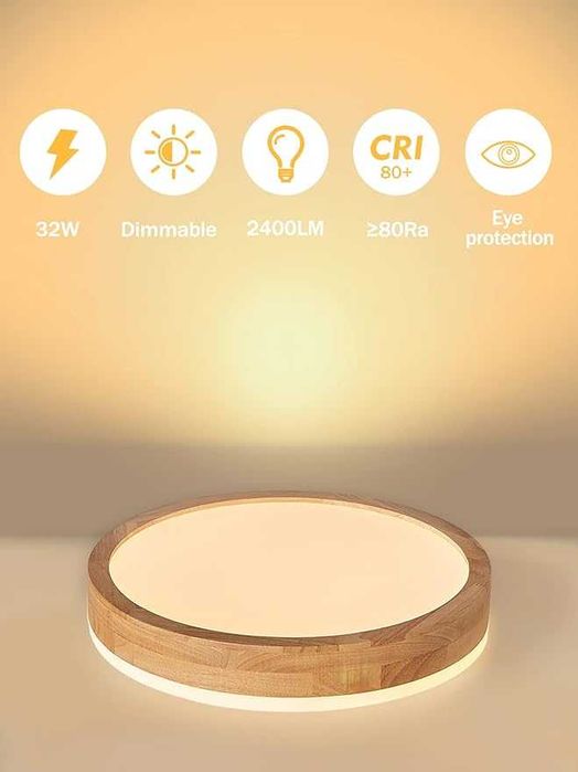 Plafoniera LED lemn stejar, dimabila, telecomanda, 32W, reglabila -NOU