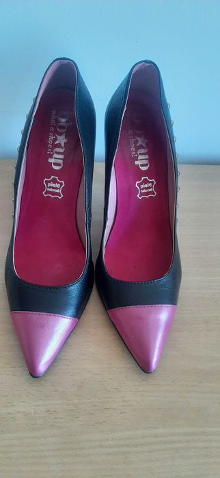 Pantofi piele naturală,bicolori roz + negru