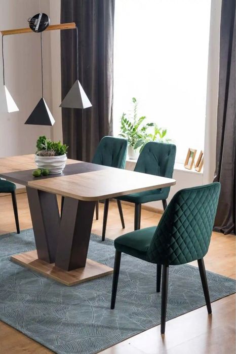 Masă PLATON stejar/maro, PAL laminat, scaune CHERRY verde/negru, stofă