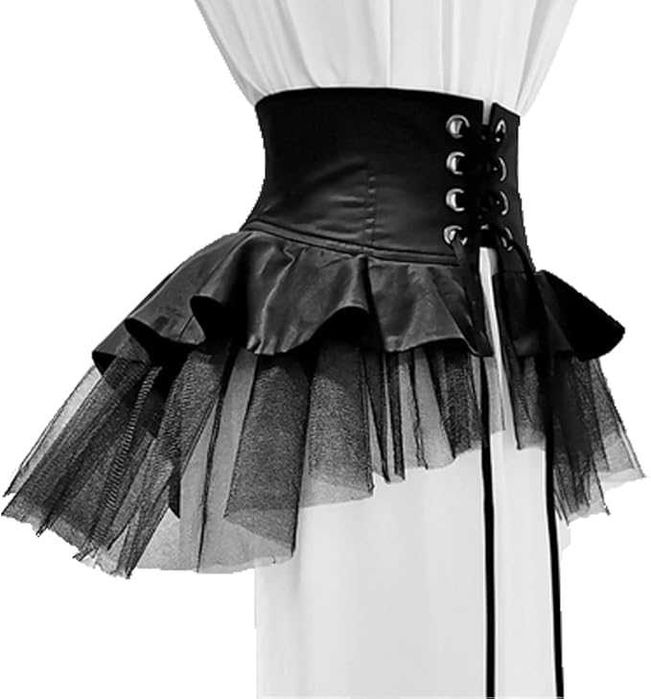 Corset fusta steampunk victoriana cu volane din tulle neagra S