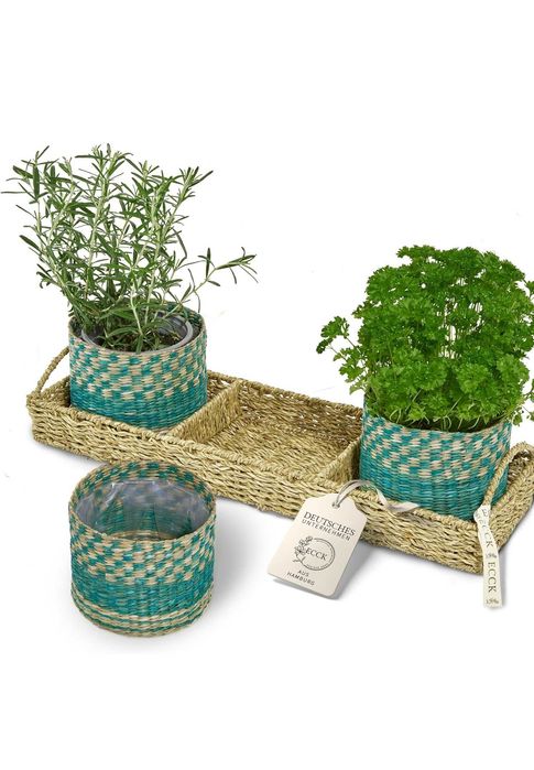 Set 3 ghivece decorative, cu tava, din ratan natural, pentru plante