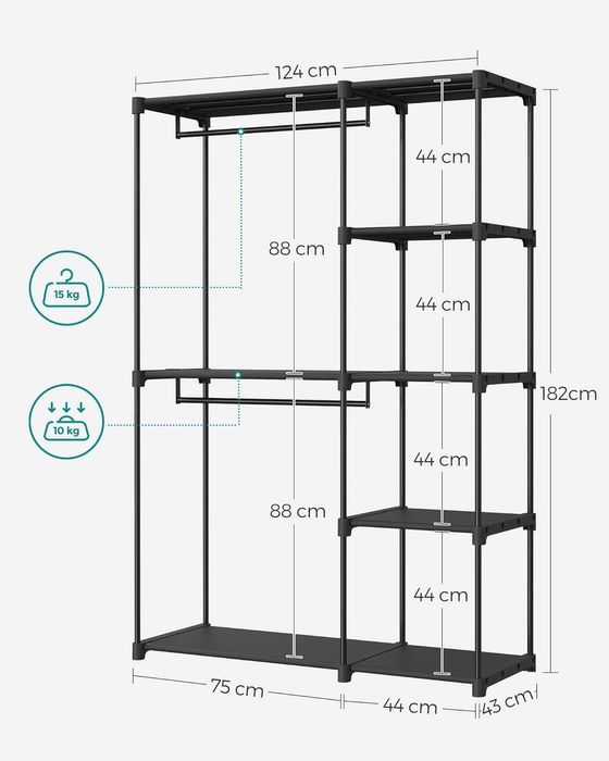Raft pentru haine Songmics, 43 × 124 × 182 cm, negru