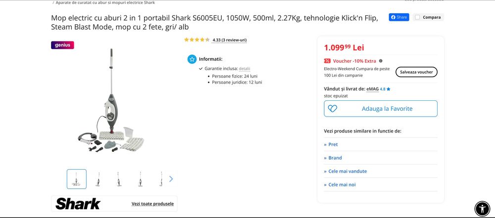 Mop electric cu aburi 2 in 1 portabil Shark S6005EU