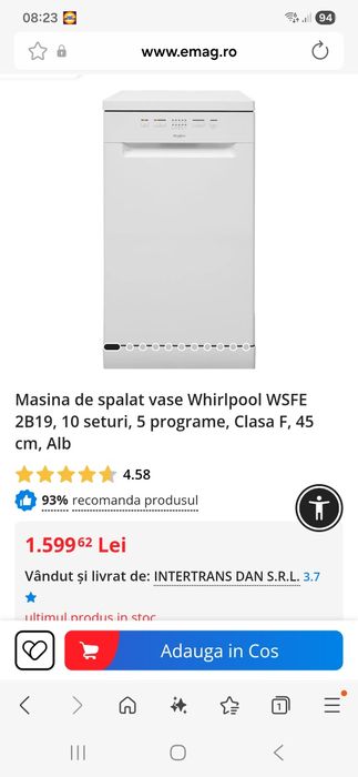 Masina de spalat vase Whirlpool WSFE 2B19, 10 seturi, 5 programe, Clas