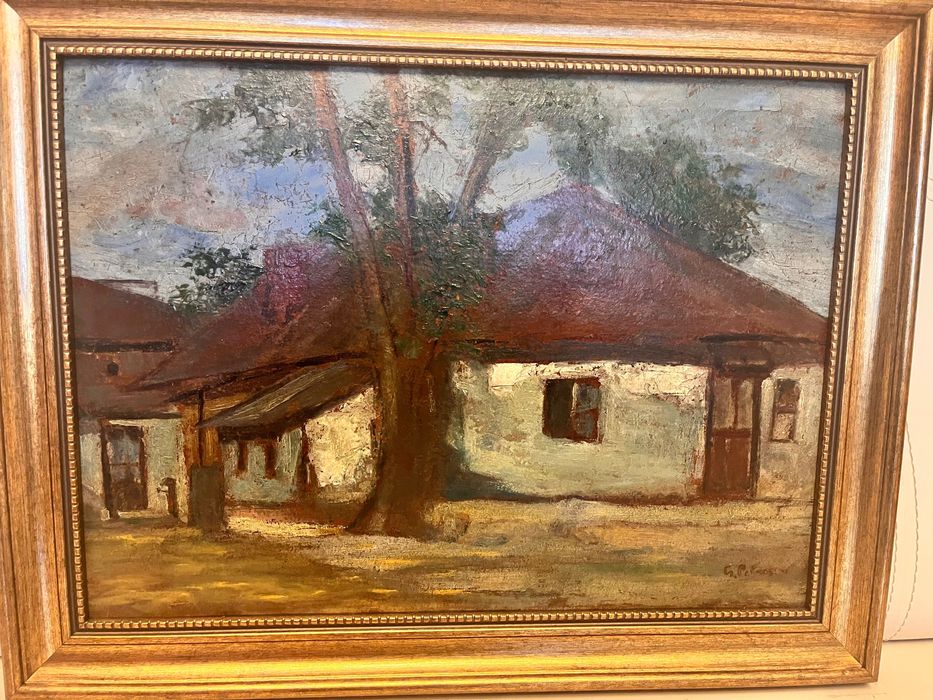 Tablou în ulei pe carton sat romanesc semnat Gh Petrascu