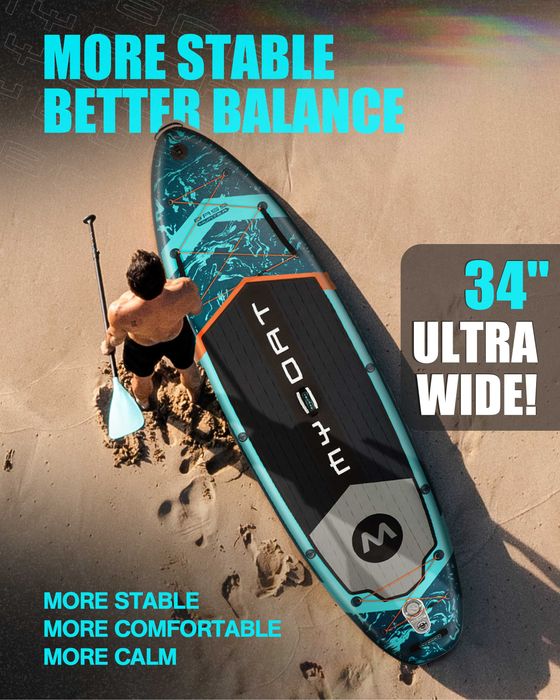 Нов, висок клас, широк 350 СМ надуваем падъл борд all-round SUP MYBOAT MY02 (Bass Hunter PRO) в тюркоазено-черен дизайн.