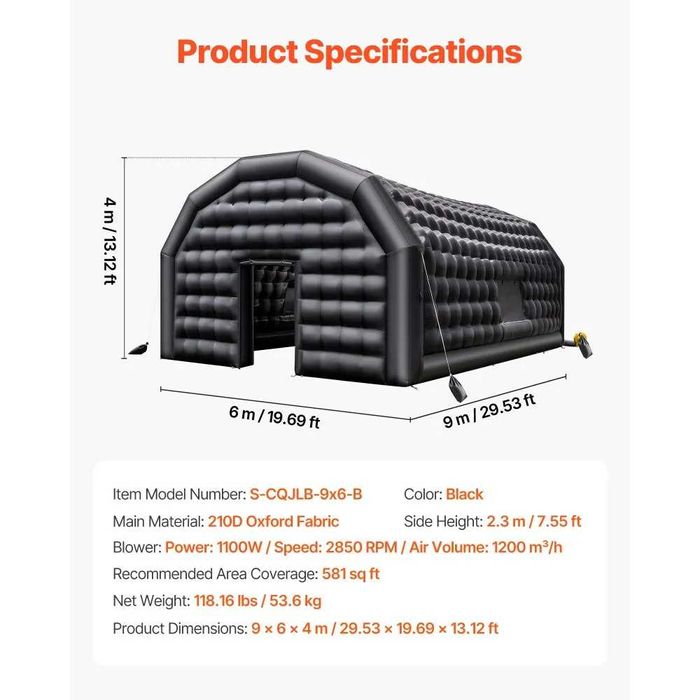 Надуваема парти палатка / нощен клуб – 9×6×4 м, с вентилатор 1100W