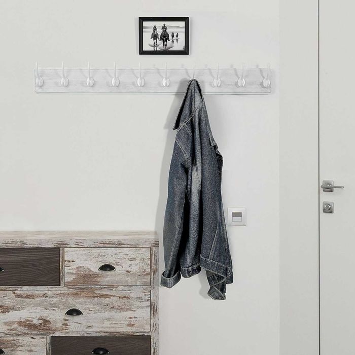Cuier perete alb rustic din lemn masiv WEBI, 98 cm, 10 carlige, set 2 bucati
