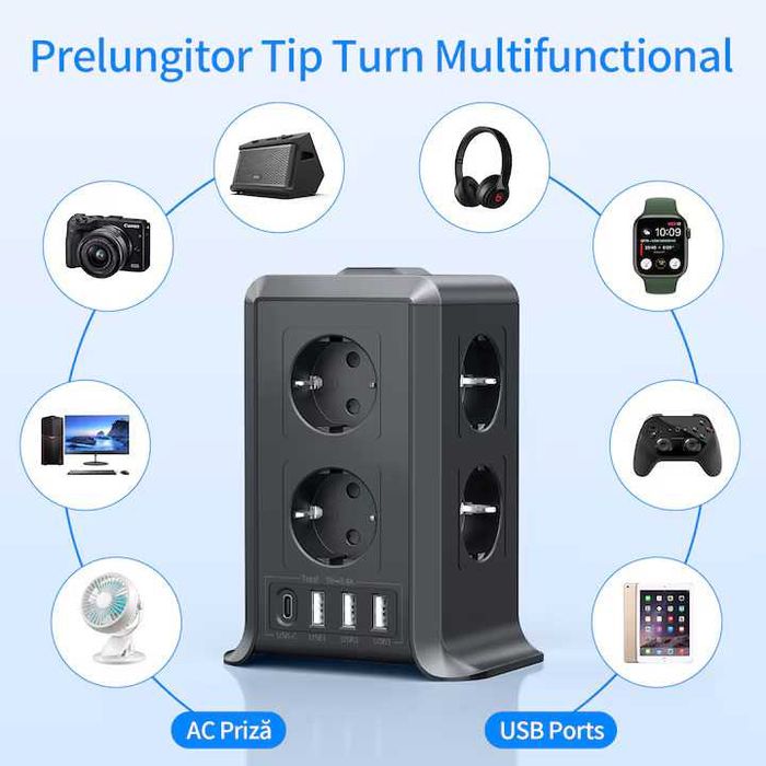 Prelungitor turn Sameriver,4 porturi USB 2,4A, 8 prize,2m,1200 jouli