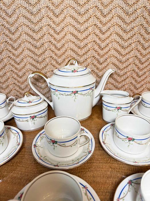 Set ceai porțelan Bavaria, 12 persoane, decor floral și margini aurii