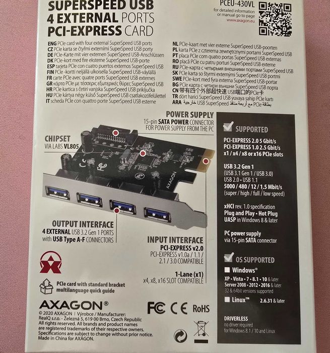 AXAGON PCEU-430VL PCIe USB 3.0 карта, 4 порта