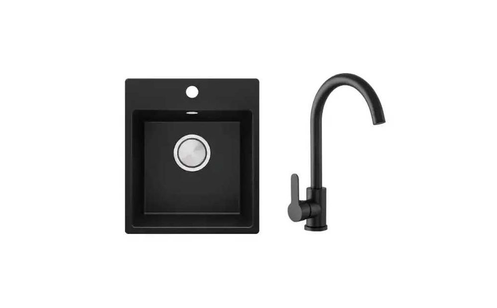 Гранитна мивка за кухня Рига + Смесител 5000 Бял -29% ПРОМО КОМПЛЕКТ