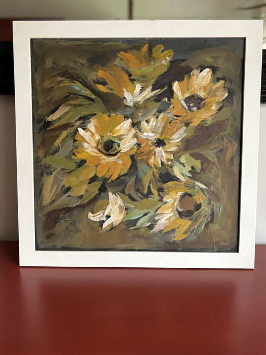 Tablou pictat manual – Floarea-soarelui – pânză pe șasiu de lemn, înrămat – 45 × 45 cm
