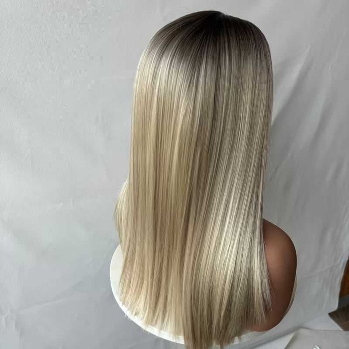 Руса права омбре перука с черни корени - 40 см, лейс фронт 13×4 Lace Front
