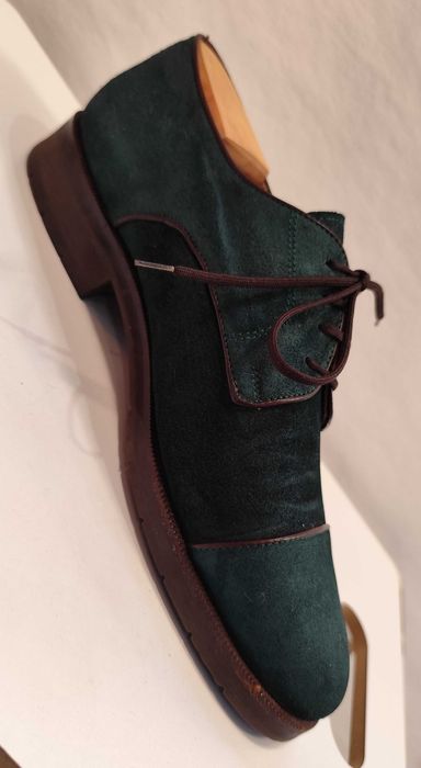 Pantofi derby 41 41.5 lucrati manual Gratiano Predin piele naturala verde